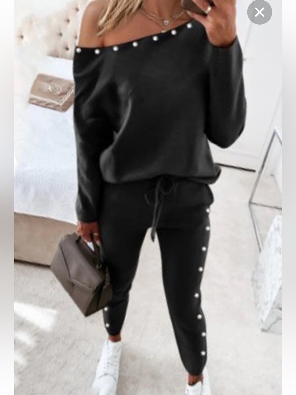 Black Knit Pearl Embellished Two Piece Set